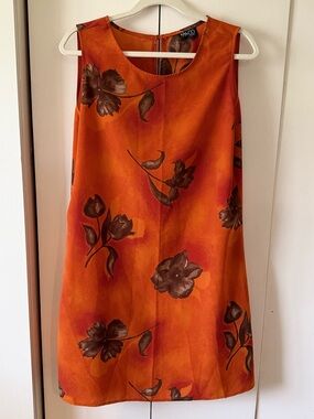 New York & Company Orange Brown Floral Mini Dress Button Slip Dress Vintage 14